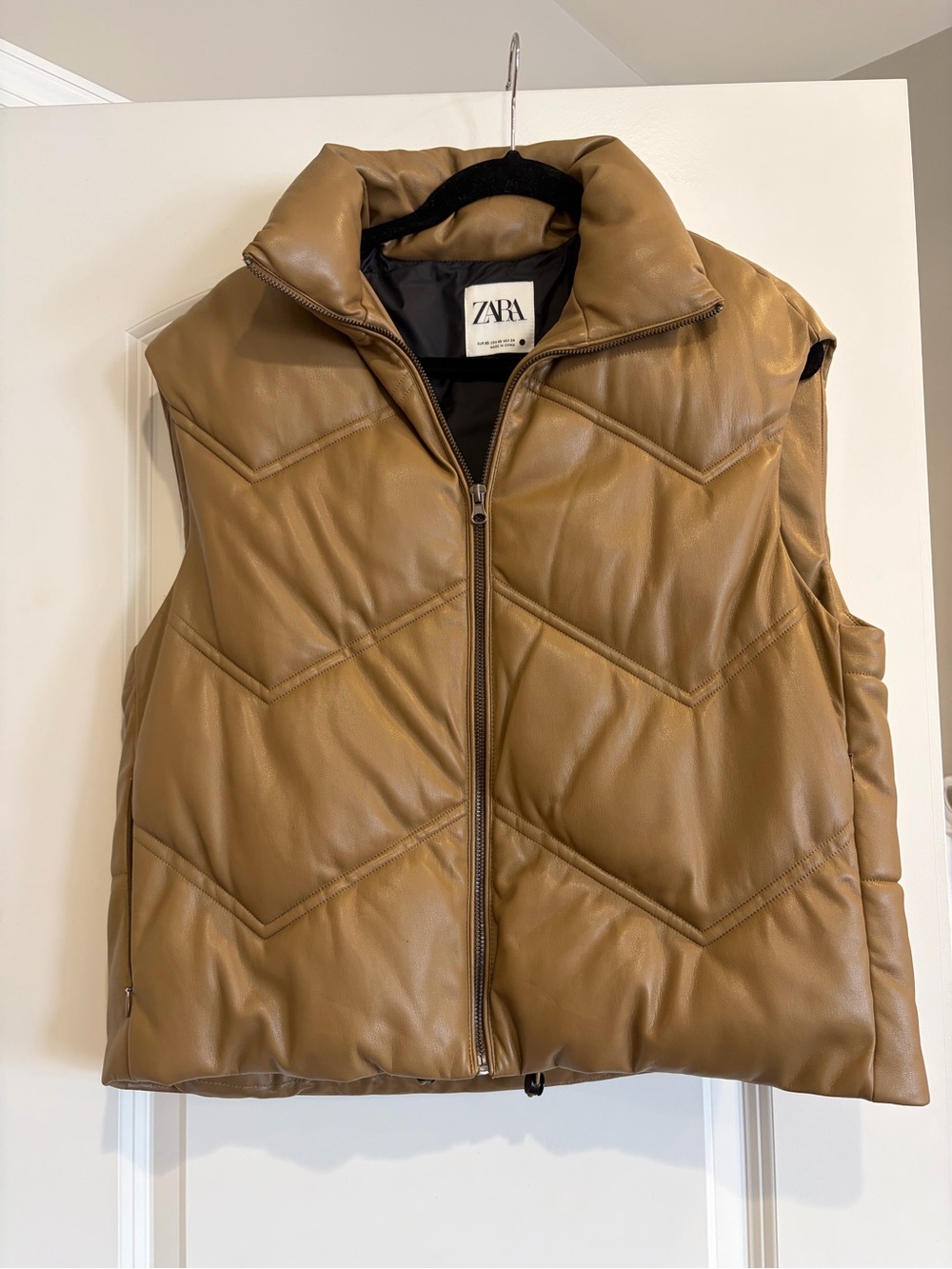 Zara Camel Faux Leather Quilted Puffer Vest